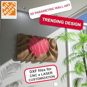 May include: A brown and pink 3D parametric wall art piece with a heart-shaped design. The artwork is mounted on a grey wall. The image includes the text "3D PARAMETRIC WALL ART", "TRENDING DESIGN", and "DXF files for CNC • LASER CUSTOMIZATION".
