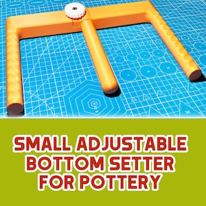 May include: An orange adjustable bottom setter for pottery. The tool has a white adjustment knob and is set against a blue grid background. The text "SMALL ADJUSTABLE BOTTOM SETTER FOR POTTERY" is displayed in red.