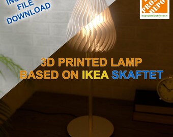 May include: A 3D printed lamp based on the IKEA Skaftet lamp. The lamp has a white, wavy shade and a gold metal base. The text "3D PRINTED LAMP BASED ON IKEA SKAFTET" is displayed in the image. The text "TOTAL COST UNDER 20€!" is also displayed in the image.