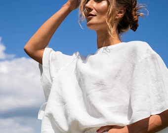 Loose Linen Top with wide sleeves, Linen Blouse - GABI