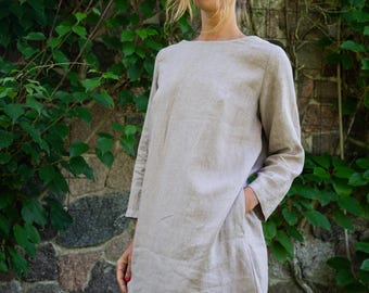 Abito in lino, tasche inserite, silhouette dritta, abito con maniche lunghe - JUDRA