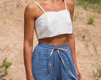 Linen Cropped Top: Adjustable Straps, Side Zipper