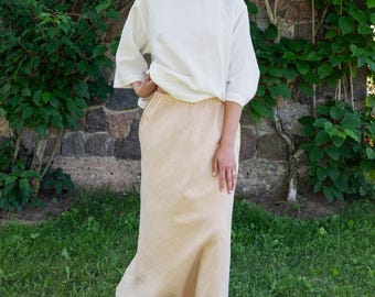 Linen Maxi Skirt: Trapeze Cut, Elastic Waistband