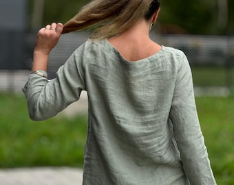 Boho Linen Blouse: Handmade Sustainable Long Sleeve Top
