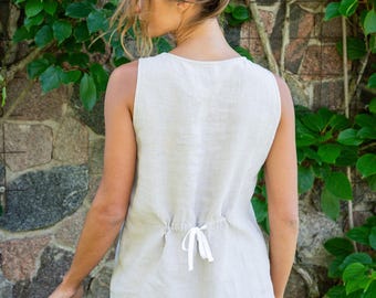 Sleeveless Top with Natural Linen Drawstrings - Washed, Soft, Smooth, Lightweight Linen Fabric - JONITA short