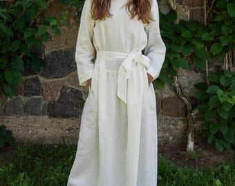 Elegant Linen Maternity Dress with Pockets & Belt