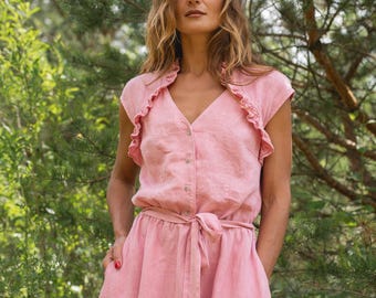 Sleeveless Linen Dress: Romantic Button-Front Midi with Belt