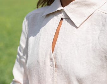 Linen Button-Down Blouse: Elegant Extended Sleeves Top