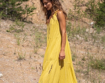 Organic Linen Tank Dress: Long Sleeveless Boho Sundress