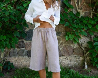 Linen Shorts: Extended Length, Elastic Waist - Breezy Summer Wear