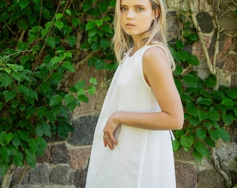 Linen Summer Dress: Short Sleeveless White Dress with Drawstrings