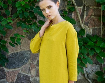 Handmade Linen Long Dress with Pockets - Front Slit Design