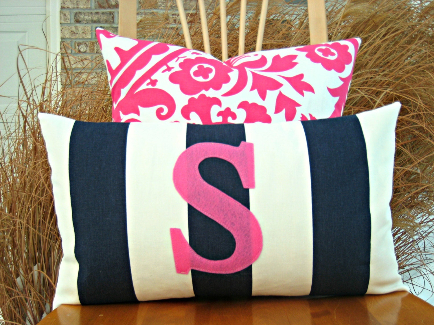 Monogrammed Lumbar Pillow Cover Navy and White Stripe with Etsy
