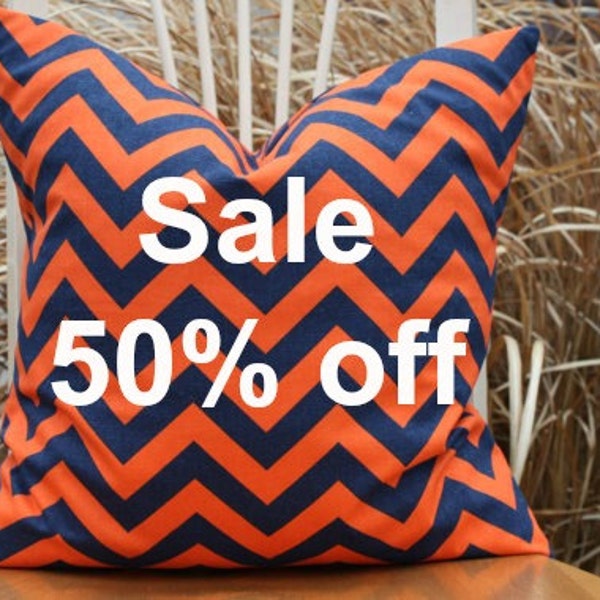 Orange and Navy Chevron Pillow Cover - Rugby Style - 14x14 - Sale 50% off