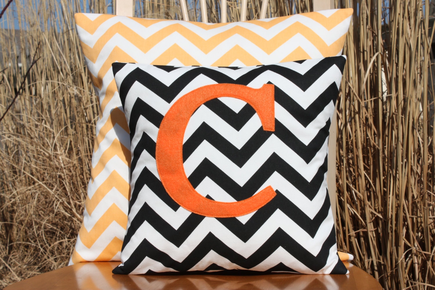Monogrammed Black Chevron Pillow Cover Orange monogram Etsy