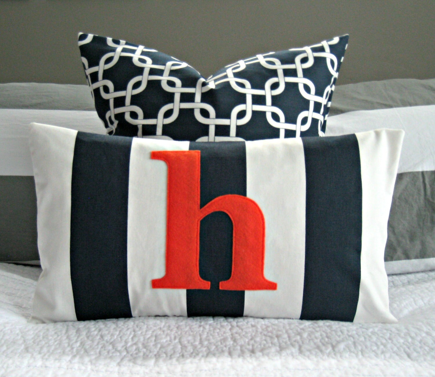 Monogrammed Lumbar Pillow Cover Navy and White Stripe with Etsy