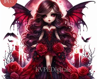 Clipart de fada gótica com rosa de sangue, 12 JPEG de fada de fantasia escura com vestido de pétala, arte de fada do crepúsculo carmesim para sublimação, adesivos, artesanato