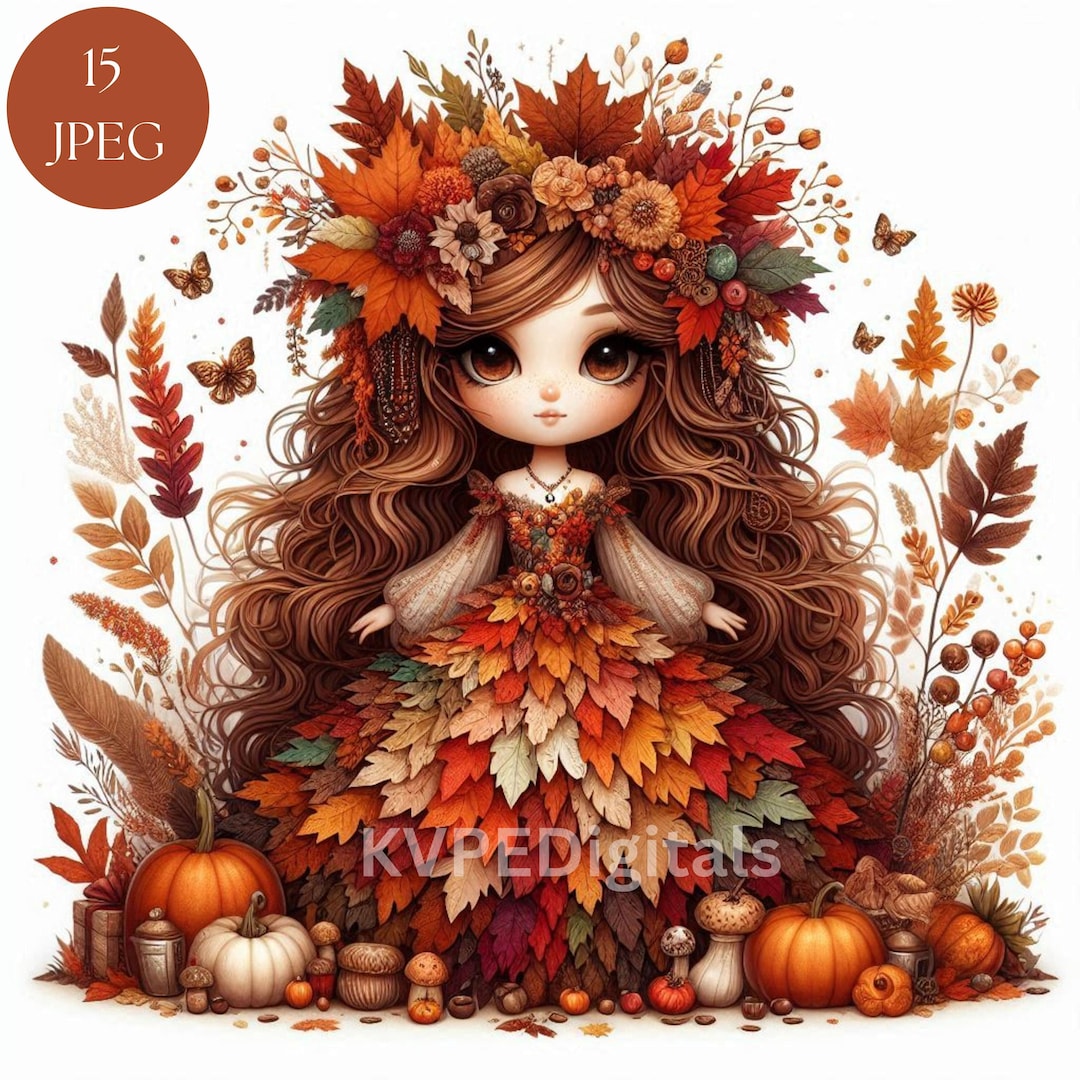 Autumn Harvest Doll, 15 Jpeg Fall Season Chibi Girl Clipart Bundle