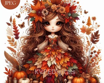 Autumn Harvest Doll, 15 Jpeg Fall Season Chibi Girl Clipart Bundle
