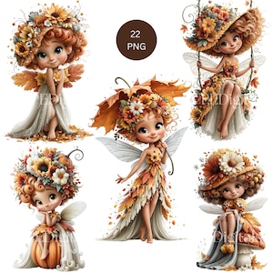 Op de afbeelding: Een verzameling van vijf digitale illustraties met feeënfiguren met krullend haar versierd met herfstbloemen en bladeren. De feeën dragen jurken gemaakt van gebladerte en bloemblaadjes, sommige zittend op pompoenen of paddenstoelen, één op een schommel.