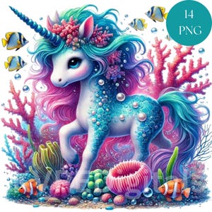 Coral Reef Einhörner unter dem Meer Thema Aquarell Clipart Bundle, 14 PNG Magische Geschöpfe Digitale Printables, Instant Download Kinder Basteln