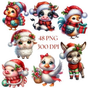 Clipart Noël animaux de la ferme, 48 vacances bétail PNG ensemble, impression d'Art déco murale numérique, téléchargement immédiat, usage commercial