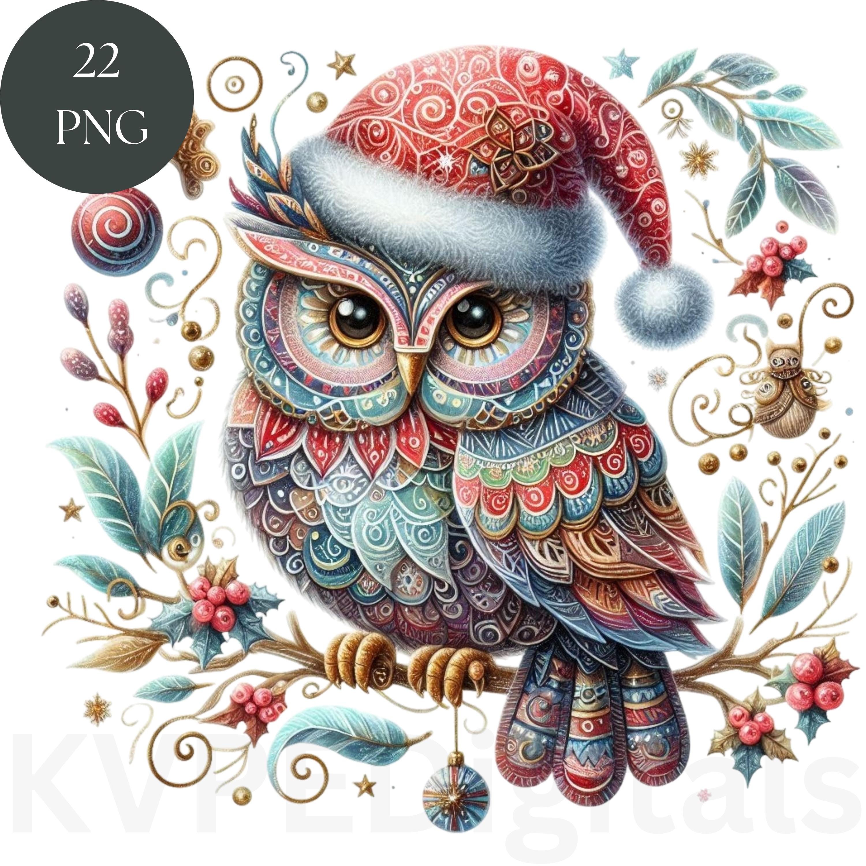 Christmas Owl Clipart, 22 Cute PNG Owls with Festive Patterns, Digital Wall Art Decor Printables, In