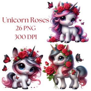 Clipart de unicórnios, rosas e borboletas, 26 itens fofos para imprimir, decoração de parede digital com coroa de flores, download instantâneo de fantasia, uso comercial