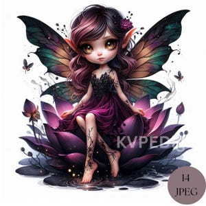 Fata gotica del fiore di loto, pacchetto di 14 clipart di fate floreali in formato JPEG, grafica di fate dei fiori, fata del giardino, fata della primavera, uso commerciale, arte murale