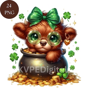 May include: A digital illustration of a brown furry creature with green eyes, wearing a green bow, round glasses, and a gold heart earring. It sits in a pot of gold coins, surrounded by shamrocks and stars. The image has the text "24 PNG" in a brown circle.