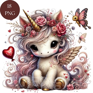Licorne florale de la Saint-Valentin avec fleurs et papillons Clipart Bundle, fichier numérique PNG 18 aquarelle fête imprimables scrapbooking artisanat