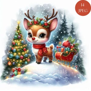 かわいい赤鼻のトナカイのクリップアート、スカーフを巻いたクリスマス漫画トナカイ14点のJpeg画像、冬のホリデー動物アート、子供向けクリスマスデジタルダウンロード