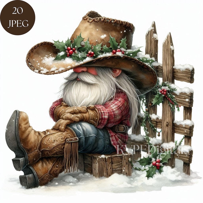 Peut inclure: Illustration fantaisiste d'un gnome cowboy portant un chapeau marron orn&eacute; de houx et de baies. Il porte une chemise &agrave; carreaux rouge, un jean et des bottes marron, assis pr&egrave;s d'une cl&ocirc;ture en bois enneig&eacute;e. Le texte "20 JPEG" est inclus.