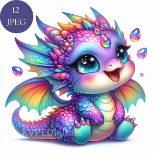 Dragón arcoíris con gotas de lluvia, 12 dragones bebés coloridos en formato JPEG, paquete de imágenes prediseñadas adorables, gráficos primaverales de 300 dpi para uso comercial, decoración de pared