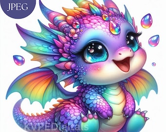 Rainbow Raindrop Dragon, 12 Jpeg Colorful Baby Dragons, Cute Clipart Bundle, Commercial Use 300 Dpi Springtime Graphics, Wall Art Decor
