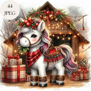 素朴な格子縞のクリスマス ユニコーン クリップアート、44 枚の JPEG カントリー ホリデー プリンタブル、心地よい冬のデジタル ウォール アート デコレーション インスタント ダウンロード バンドル