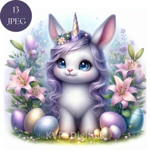 かわいいウサギのユニコーン、イースターの春のユニコーンのクリップアートバンドル、13 JPEG 水彩デジタル壁アート装飾印刷可能、商用利用