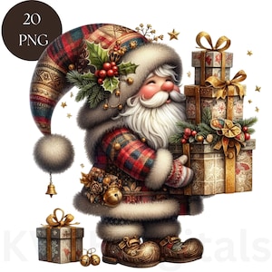 Clipart Noël rustique gnome festif, 20 tirages d'art mural numérique PNG mignon vacances, imprimables téléchargement immédiat, scrapbooking, étiquettes, travaux manuels