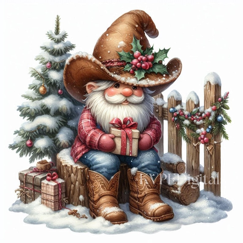 Peut inclure: Un gnome de No&euml;l portant un chapeau et des bottes de cowboy, tenant un cadeau. Le gnome a une longue barbe blanche et est assis sur une souche d'arbre dans une sc&egrave;ne enneig&eacute;e, avec un sapin de No&euml;l et une cl&ocirc;ture en bois.
