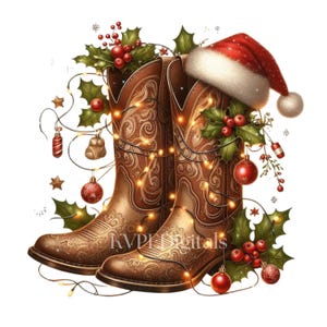 May include: A festive illustration of brown cowboy boots adorned with Christmas decorations. The boots are embellished with intricate patterns and wrapped in string lights. A Santa hat rests on top, surrounded by holly, berries, and ornaments. The image has a warm, inviting feel.