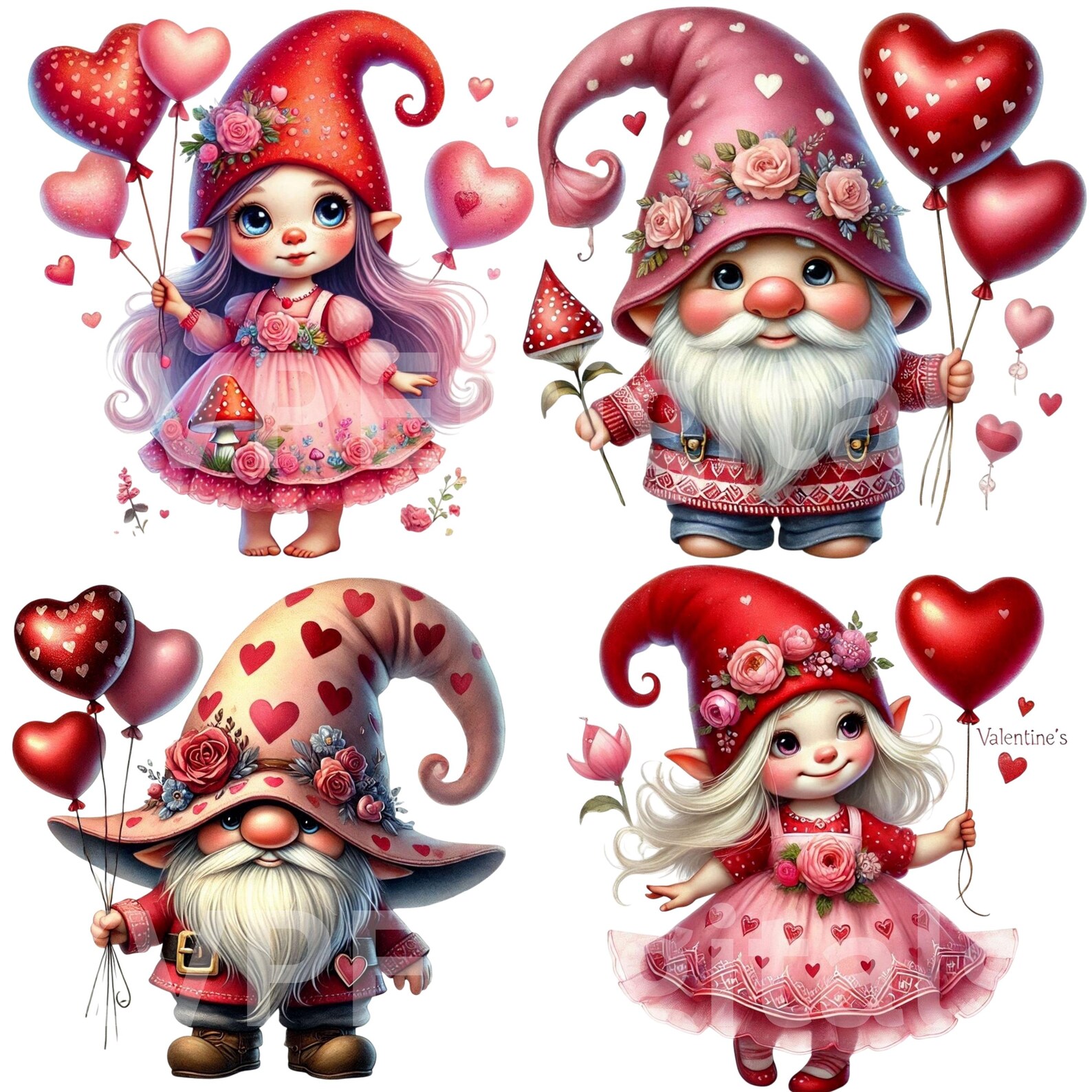 Valentine Gnome PNG Bundle Watercolor Valentines Day Clipart, 55 PNG ...