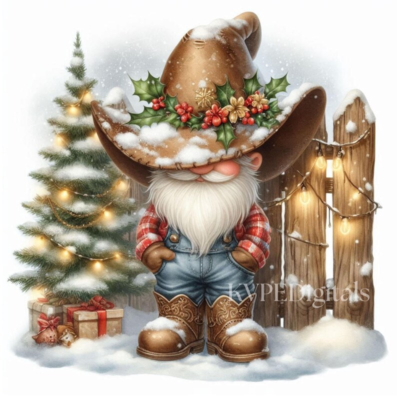 Peut inclure: Illustration d'un gnome festif portant un chapeau de cowboy marron orn&eacute; de houx et de baies. Le gnome est v&ecirc;tu d'une chemise &agrave; carreaux rouge, d'une salopette en jean et de bottes de cowboy, dans une sc&egrave;ne enneig&eacute;e avec un sapin de No&euml;l et une cl&ocirc;ture en bois.