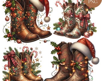 Christmas Cowboy Boots Clipart, 24 PNG Holiday Western Boots, Whimsical Cowgirl Boot Sublimation, Cute Christmas Sublimation, Commercial Use