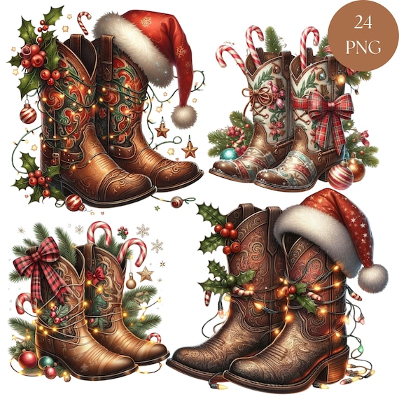 Christmas Cowboy Boots Clipart, 24 PNG Holiday Western Boots, Whimsical Cowgirl Boot Sublimation, Cute Christmas Sublimation, Commercial Use