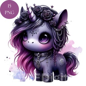 Könnte beinhalten: Ein lila-schwarzes Einhorn mit einer schwarzen Rosenkrone, lila-schwarzem Haar und einem silbernen Horn. Das Einhorn trägt eine schwarze Halskette mit einem silbernen Anhänger und einer silbernen Kette. Das Einhorn hat ein schwarzes Auge mit einer lila Iris und eine schwarze Nase.