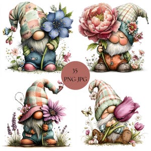 May include: Four whimsical gnome illustrations holding flowers. Each gnome wears a plaid hat and overalls, with a long white beard. The flowers include a large blue flower, a pink peony, a purple daisy, and a deep pink tulip. The image includes the text "35 PNG-JPG".