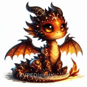 May include: A cute, cartoon-style dragon with large, expressive eyes and a friendly expression. The dragon is primarily orange and black, with glowing patterns and accents. The wings are spread, and the tail curls to the side. The text "KVPEDigitals" is at the bottom.