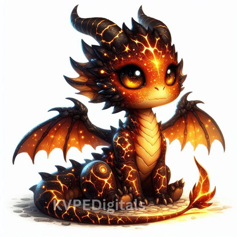 May include: A cute, cartoon-style dragon with large, expressive eyes and a friendly expression. The dragon is primarily orange and black, with glowing patterns and accents. The wings are spread, and the tail curls to the side. The text "KVPEDigitals" is at the bottom.