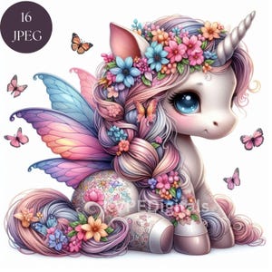 Schmetterling Garten Einhorn, 16 Jpeg Floral Fantasy Einhorn Clipart Bundle, Frühling Cottagecore Einhorn Illustration, kommerzielle Nutzung Downloads