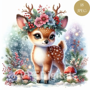 Kerst fawn, 18 jpeg winter baby herten clipart bundel, rendieren graphics, bos dier, kerstkaart illustratie, commercieel gebruik kunst